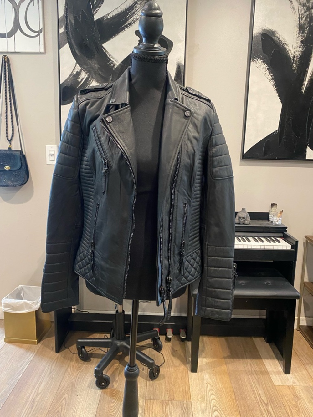 BODA SKINS women's  Black Quilted Panel Leather Moto Jacket
